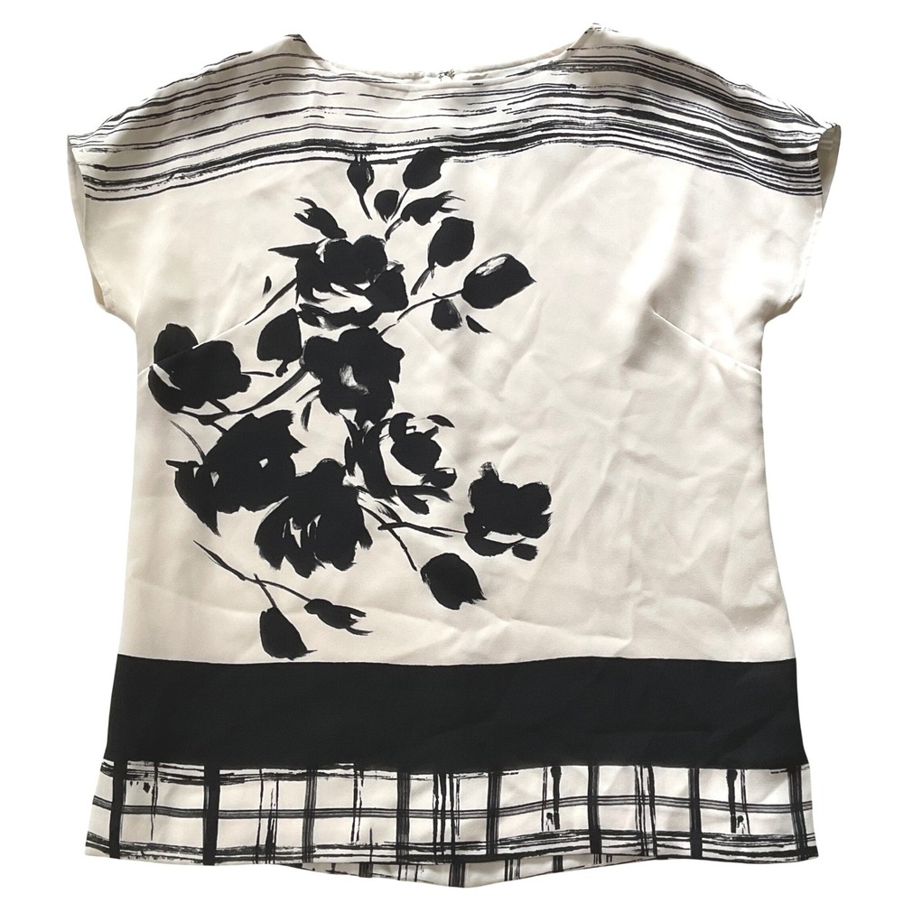 ST JOHN women's Silk Japanese Floral Boatneck Dolman Short‎ Sleeve Blouse Boxy S